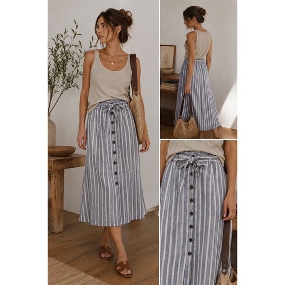 Christian Siriano Dresses & Skirts - Christian Siriano Linen Stripe Button Front Midi Skirt Coastal Cottagecore M